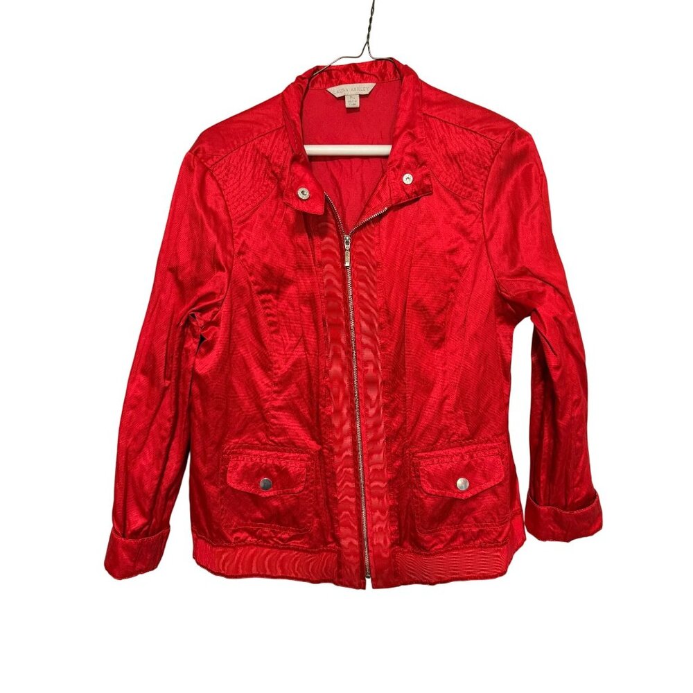 Laura Ashley Jacket Red Satin Zip front with Pockets Womans PL